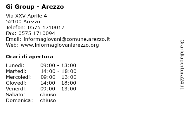 Orari di apertura Gi Group Arezzo Via XXV Aprile